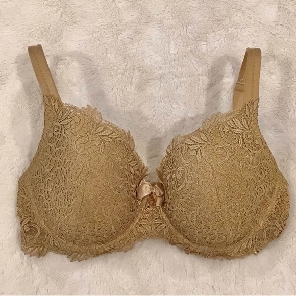 Soma 36D Lace Bra Underwire Padded Cups Gold Color Bow W/ Faux Gemstone - Picture 1 of 6